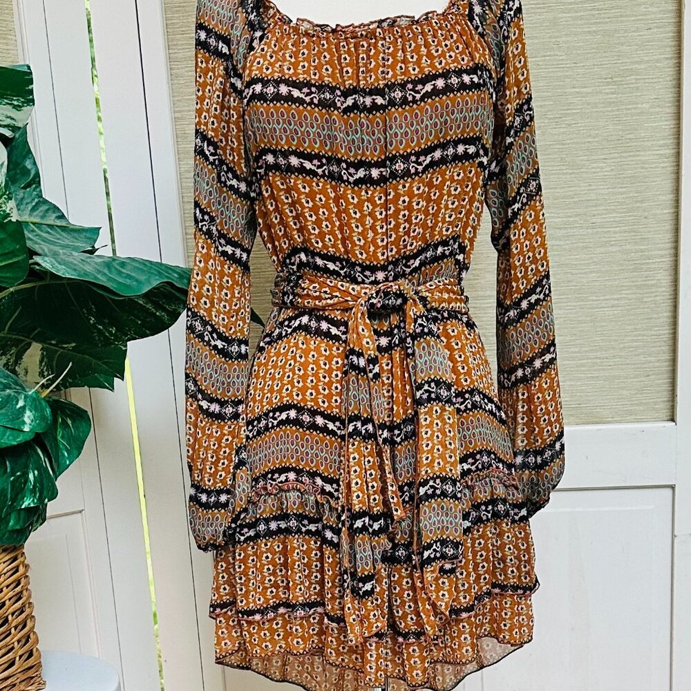 American Rag Boho Mini Dress Small Long Sleeve Tie Waist Peasant Festival Print